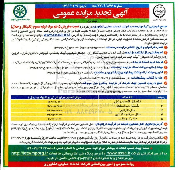 تجدید مزایده عمومی, مزایده فروش 5 قلم مواد اولیه سموم (تکنیکال و حلال) - تجدید 