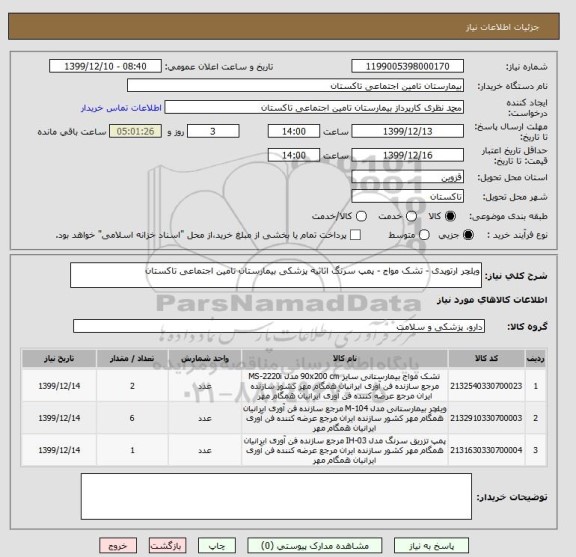 استعلام ویلچر ارتوپدی - تشک مواج - پمپ سرنگ اثاثیه پزشکی بیمارستان تامین اجتماعی تاکستان 