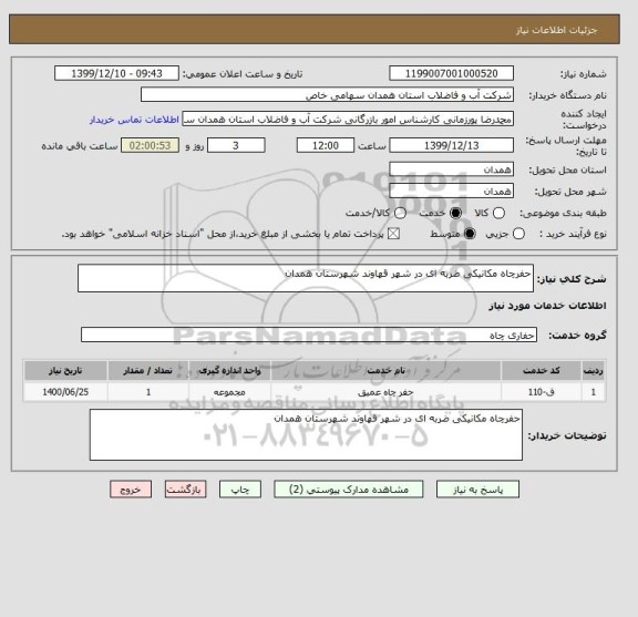 استعلام حفرچاه مکانیکی ضربه ای در شهر قهاوند شهرستان همدان 