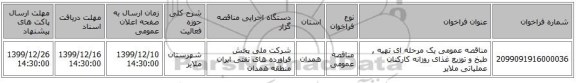 مناقصه عمومی یک مرحله ای تهیه , طبخ و توزیع غذای روزانه کارکنان عملیاتی ملایر