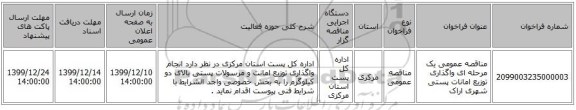 مناقصه عمومی یک مرحله ای واگذاری توزیع امانات پستی شهری اراک