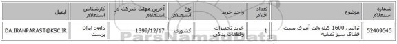 ترانس 1600 کیلو ولت آمپری پست فضای سبز تصفیه