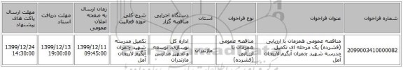 مناقصه عمومی همزمان با ارزیابی (فشرده) یک مرحله ای تکمیل مدرسه شهید چمران آبگرم لاریجان آمل