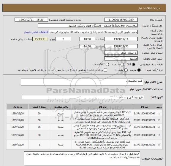 استعلام کیت بیوشیمی