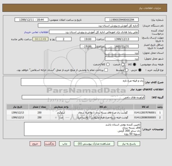 استعلام ران و فیله مرغ تازه