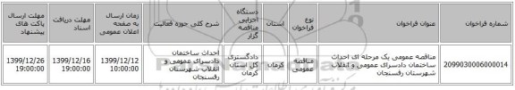 مناقصه عمومی یک مرحله ای احداث ساختمان دادسرای عمومی و انقلاب شهرستان رفسنجان  