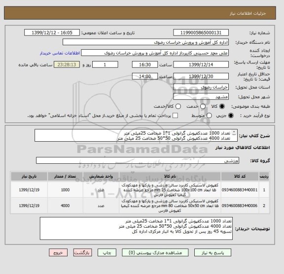 استعلام تعداد 1000 عددکفپوش گرانولی 1*1 ضخامت 25میلی متر
تعداد 4000 عددکفپوش گرانولی 50*50 ضخامت 25 میلی متر
تسویه 45 روز پس از تحویل کالا به انبار مرکزی