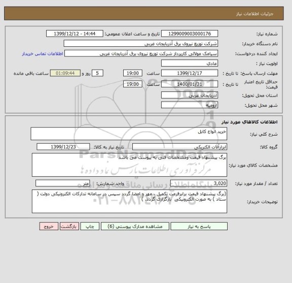 استعلام خرید انواع کابل