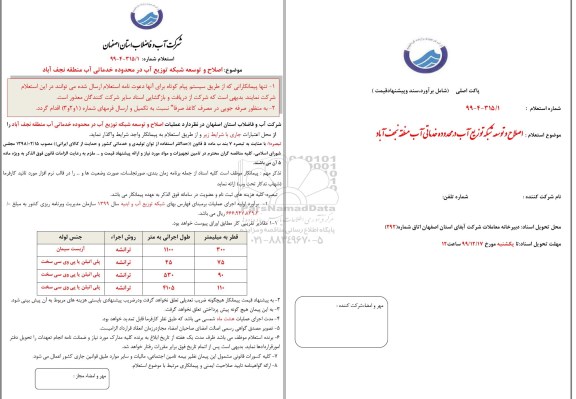 استعلام،استعلام اصلاح و توسعه شبکه توزیع آب در محدوده خدماتی آب 