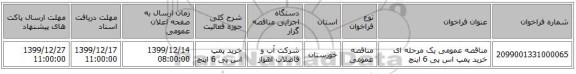 مناقصه عمومی یک مرحله ای خرید پمپ اس پی 6 اینچ 