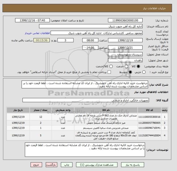 استعلام درخواست خرید اثاثیه اداری راه آهن جنوبشرق . از ایران کد مشابه استفاده شده است . لطفا قیمت خود را بر اساس مشخصات پیوست شده ارائه دهید . 