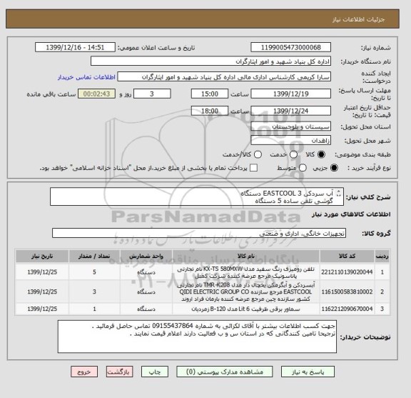 استعلام آب سردکن EASTCOOL 3 دستگاه
گوشی تلفن ساده 5 دستگاه
سماور برقی 1 دستگاه