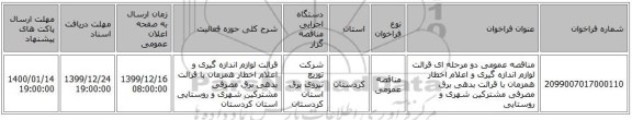 مناقصه عمومی دو مرحله ای قرائت لوازم اندازه گیری و اعلام اخطار همزمان با قرائت بدهی برق مصرفی مشترکین شهری و روستایی