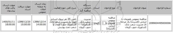 مناقصه عمومی همزمان با ارزیابی (فشرده) یک مرحله ای مدیریت شعب بانک کشاورزی جنوب کرمان 