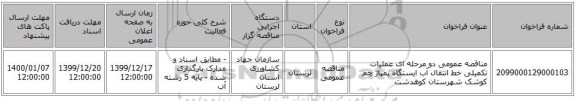 مناقصه عمومی دو مرحله ای عملیات تکمیلی خط انتقال آب ایستگاه پمپاژ چم کوشک شهرستان کوهدشت