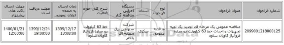 مناقصه عمومی یک مرحله ای تجدید یک تهیه تجهیزات و احداث خط 63 کیلوولت دو مداره فروآلیاژ کاویان ساوه