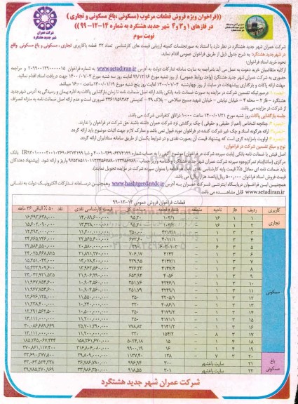 مزایده فروش قطعات مسکونی ، باغ مسکونی ، تجاری نوبت سوم 