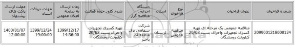 مناقصه عمومی یک مرحله ای تهیه کسری تجهیزات واجرای پست 20/63 کیلوولت رومشگان 