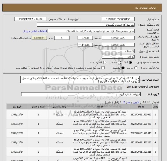 استعلام خرید 14 قلم یدکی کنتور توربینی - مطابق لیست پیوست - ایران کد ها مشابه است - فقط اقلام یدکی شامل  ( روتور - گیر کاپلت - فلوگاید - کارتریج )