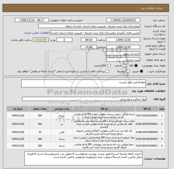 استعلام موادغذایی طبق لیست