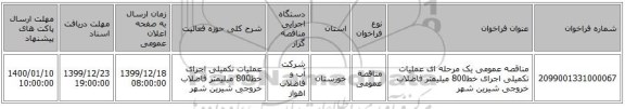 مناقصه عمومی یک مرحله ای عملیات تکمیلی اجرای خط800 میلیمتر فاضلاب خروجی شیرین شهر 