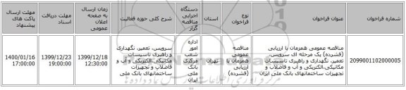 مناقصه عمومی همزمان با ارزیابی (فشرده) یک مرحله ای سرویس، تعمیر، نگهداری و راهبری تاسیسات مکانیکی،الکتریکی و آب و فاضلاب و تجهیزات ساختمانهای بانک ملی ایران 