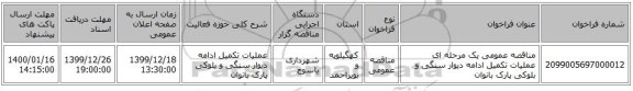 مناقصه عمومی یک مرحله ای عملیات تکمیل ادامه دیوار سنگی و بلوکی پارک بانوان