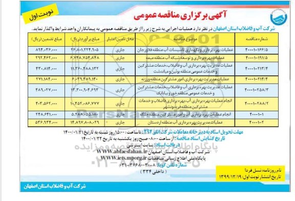 مناقصه عملیات بهره برداری و نگهداری تاسیسات آب منطقه های ...