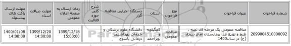 مناقصه عمومی یک مرحله ای تهیه ، طبخ و توزیع غذا   بیمارستان امام سجاد (ع)  در سال1400 