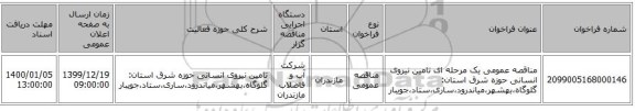 مناقصه عمومی یک مرحله ای تامین نیروی انسانی حوزه شرق استان: گلوگاه،بهشهر،میاندرود،ساری،ستاد،جویبار