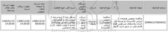 مناقصه عمومی همزمان با ارزیابی (فشرده) دو مرحله ای احداث واحدهای مسکونی طرح اقدام ملی در شهر جدید گلبهار