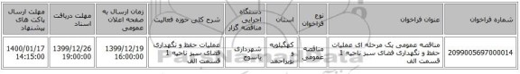 مناقصه عمومی یک مرحله ای عملیات حفظ و نگهداری فضای سبز ناحیه 1 قسمت الف