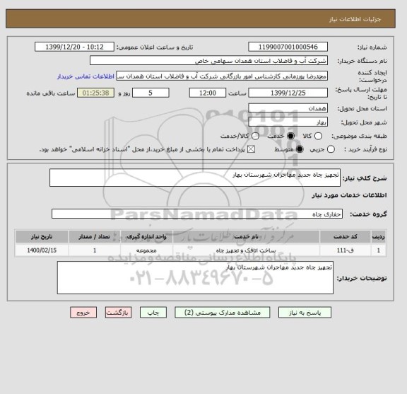 استعلام تجهیز چاه جدید مهاجران شهرستان بهار