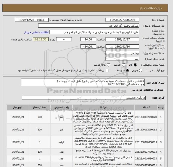 استعلام کانکشن ، کابل ، سرامیک مروط به دستگاه تنش زدایی( طبق لیست پیوست )
جهت هماهنگی 07731682108