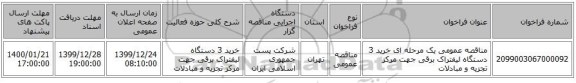 مناقصه عمومی یک مرحله ای خرید 3 دستگاه لیفتراک  برقی جهت مرکز تجزیه و مبادلات