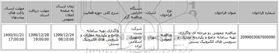 مناقصه عمومی دو مرحله ای واگذاری تهیه سامانه جامع و یکپارچه عملیات و سرویس های الکترونیک پستی