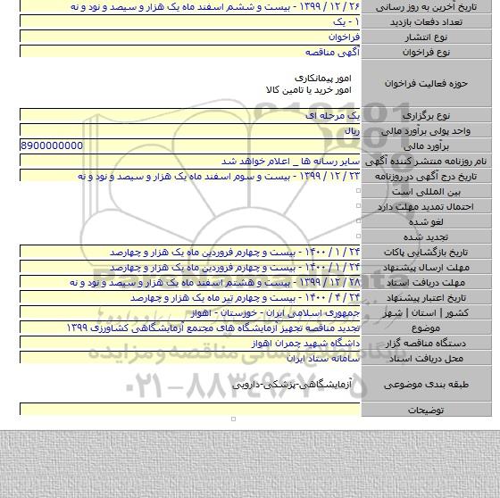 تجدید مناقصه تجهیز آزمایشگاه های مجتمع آزمایشگاهی کشاورزی  ۱۳۹۹