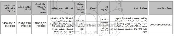 مناقصه عمومی همزمان با ارزیابی (فشرده) یک مرحله ای انجام نگه داری، راهبری، سرویس و تعمیرات سیستم های الکتریکی و مکانیکی موتورخانه های دانشگاه شهید چمران اهواز