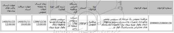 مناقصه عمومی یک مرحله ای سرویس وتعمیر ونگهداری تجهیزات وتاسیسات پستها وخطوط انتقال وفوق توزیع نیروی برق ،تجهیزات وسیستم های مخابراتی ودیسپاچینگ فوق تو