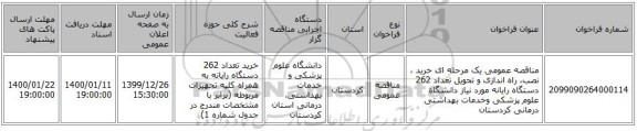 مناقصه عمومی یک مرحله ای خرید ، نصب، راه اندازی و تحویل تعداد 262 دستگاه رایانه مورد نیاز دانشگاه علوم پزشکی وخدمات بهداشتی درمانی کردستان 