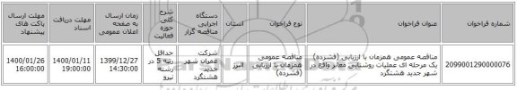 مناقصه عمومی همزمان با ارزیابی (فشرده) یک مرحله ای عملیات روشنایی معابر واقع در شهر جدید هشتگرد