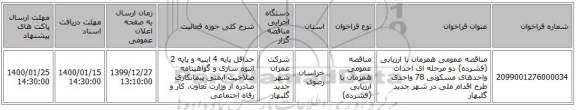 مناقصه عمومی همزمان با ارزیابی (فشرده) دو مرحله ای احداث واحدهای مسکونی 78 واحدی طرح اقدام ملی در شهر جدید گلبهار