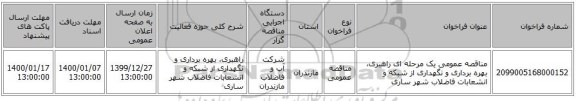 مناقصه عمومی یک مرحله ای راهبری، بهره برداری و نگهداری از شبکه و انشعابات فاضلاب شهر  ساری