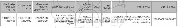 مناقصه عمومی یک مرحله ای عملیات احداث خط انتقال شبکه برق ایستگاه پمپاژ برتش دهلران