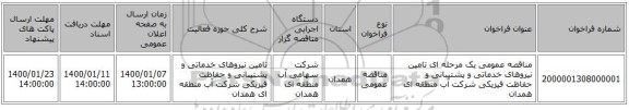 مناقصه عمومی یک مرحله ای تامین نیروهای خدماتی و پشتیبانی  و حفاظت فیزیکی شرکت آب منطقه ای همدان