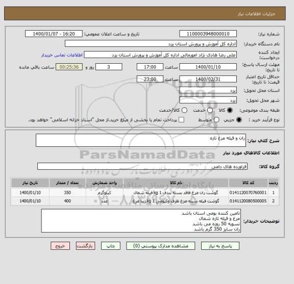 استعلام ران و فیله مرغ تازه