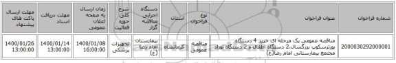 مناقصه عمومی یک مرحله ای خرید 4 دستگاه یورترسکوپ بزرگسال،2 دستگاه اطفال و 2 دستگاه نوزاد مجتمع بیمارستانی امام رضا(ع)