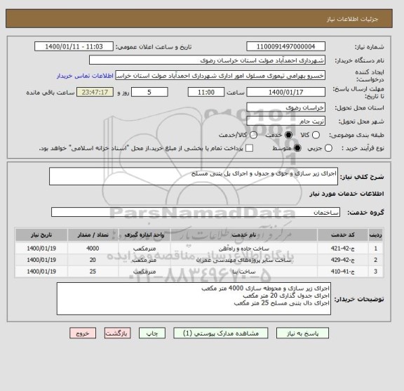 استعلام اجرای زیر سازی و جوی و جدول و اجرای پل بتنی مسلح