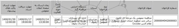 مناقصه عمومی یک مرحله ای تکمیل سالن چند منظوره خیابان اسرار سبزوار ( نظام الدین ملازاده)