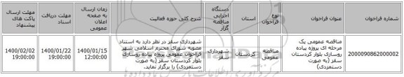 مناقصه عمومی یک مرحله ای پروژه پیاده روسازی بلوار کردستان سقز (به صورت دستمزدی)